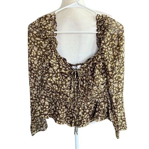 Astr the Label Women's Toni Top Brown Floral M Boho Ruching Hippie Granola Girl - Picture 1 of 9